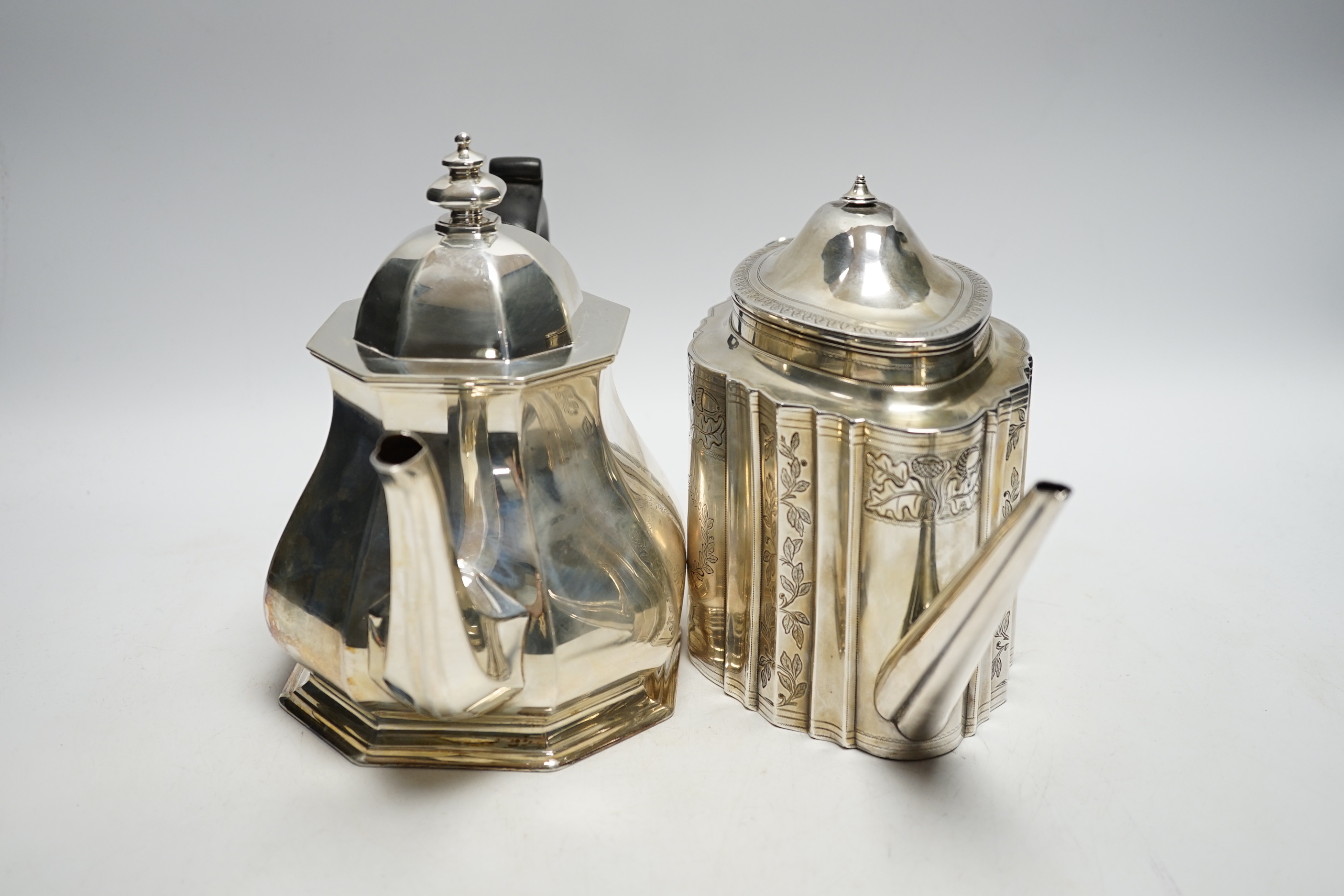 A George V silver octagonal teapot, Atkin Brothers, Sheffield, 1932, together with a George III silver teapot, Robert & David Hennell, London, 1795, (no handle or finial, gross weight 44.9oz.